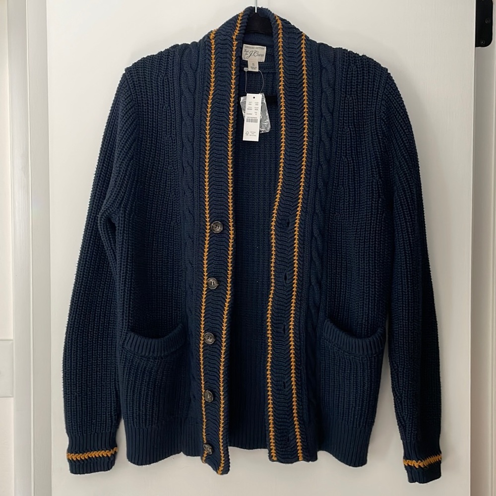 NWT J. Crew Organic Cotton Knit Navy & Gold Chunky Cardigan